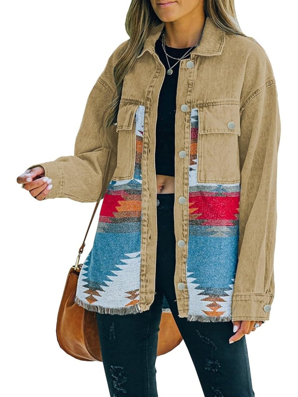 〽️Women's Vintage Khaki Aztec Distressed Denim Jacket Shacket